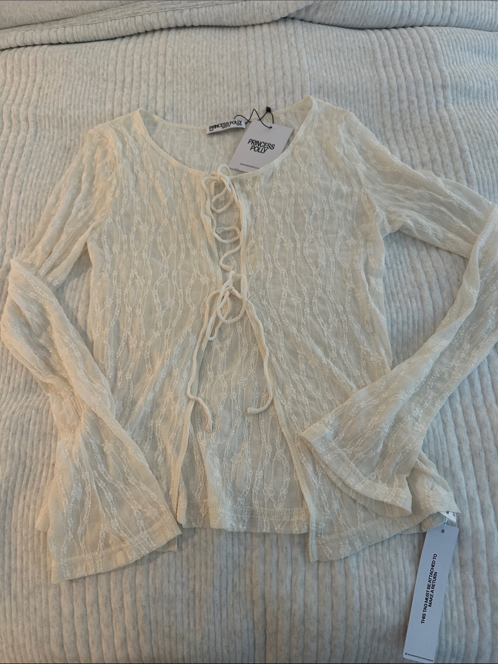 Cream Lace Tie-Front Long Sleeve Top